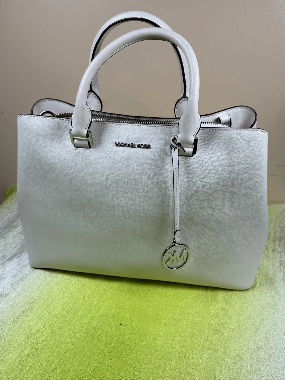 Michael Kors White Saffiano Satchel with Logo Charm